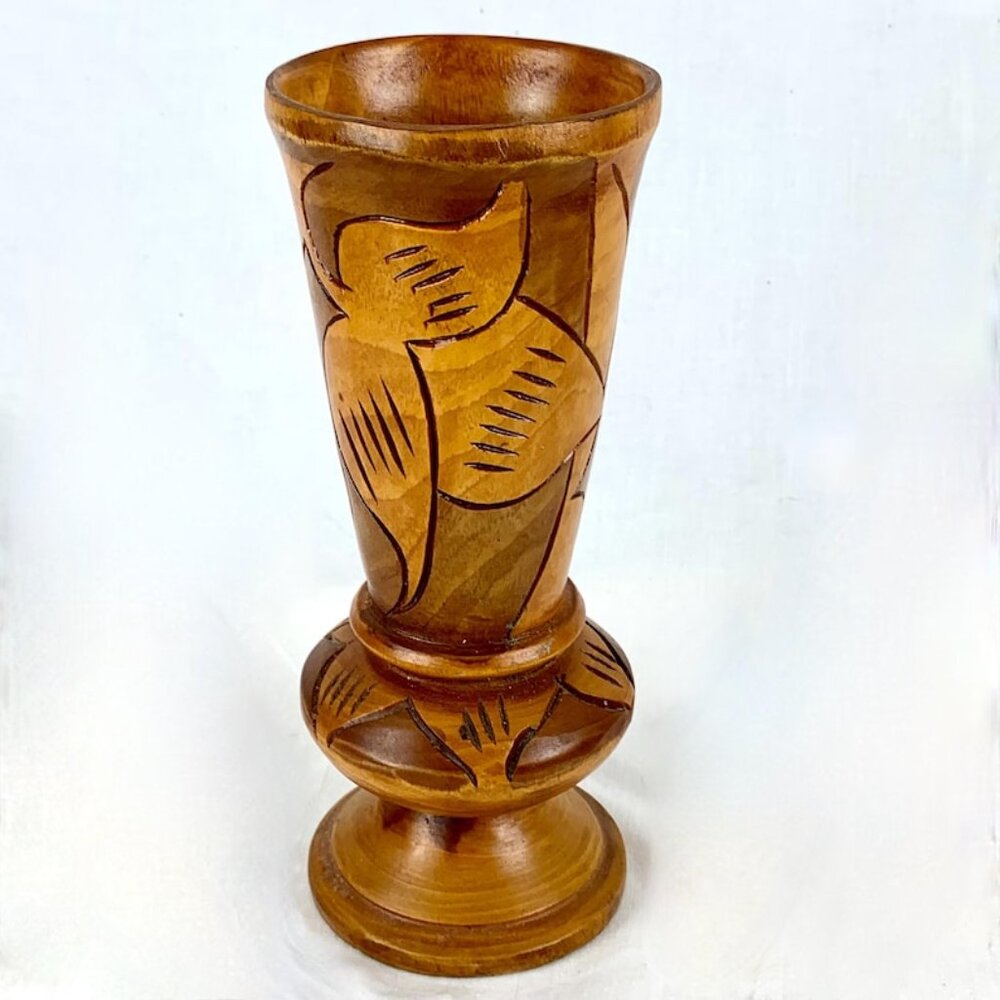 Vintage Hawaiian Turned Wood Vase Floral Carved Tiki Bar Hawaii 8.5 inch Tall Ex